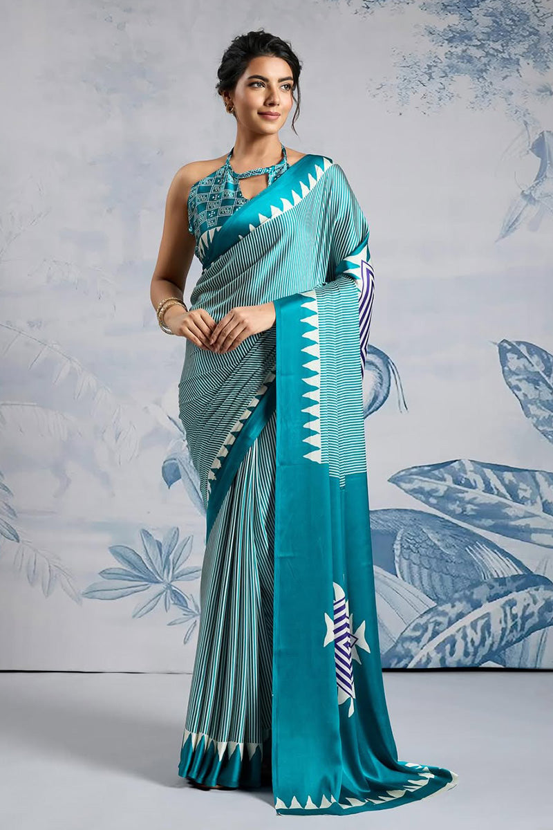 Bucolic Firozi 1 Minute Ready To Wear Digital Printed Crape Silk Saree