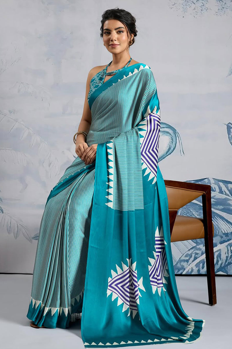 Bucolic Firozi 1 Minute Ready To Wear Digital Printed Crape Silk Saree