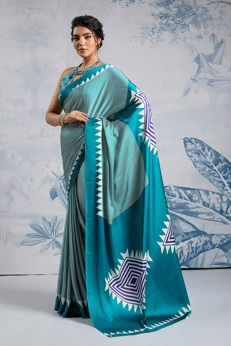 Bucolic Firozi 1 Minute Ready To Wear Digital Printed Crape Silk Saree