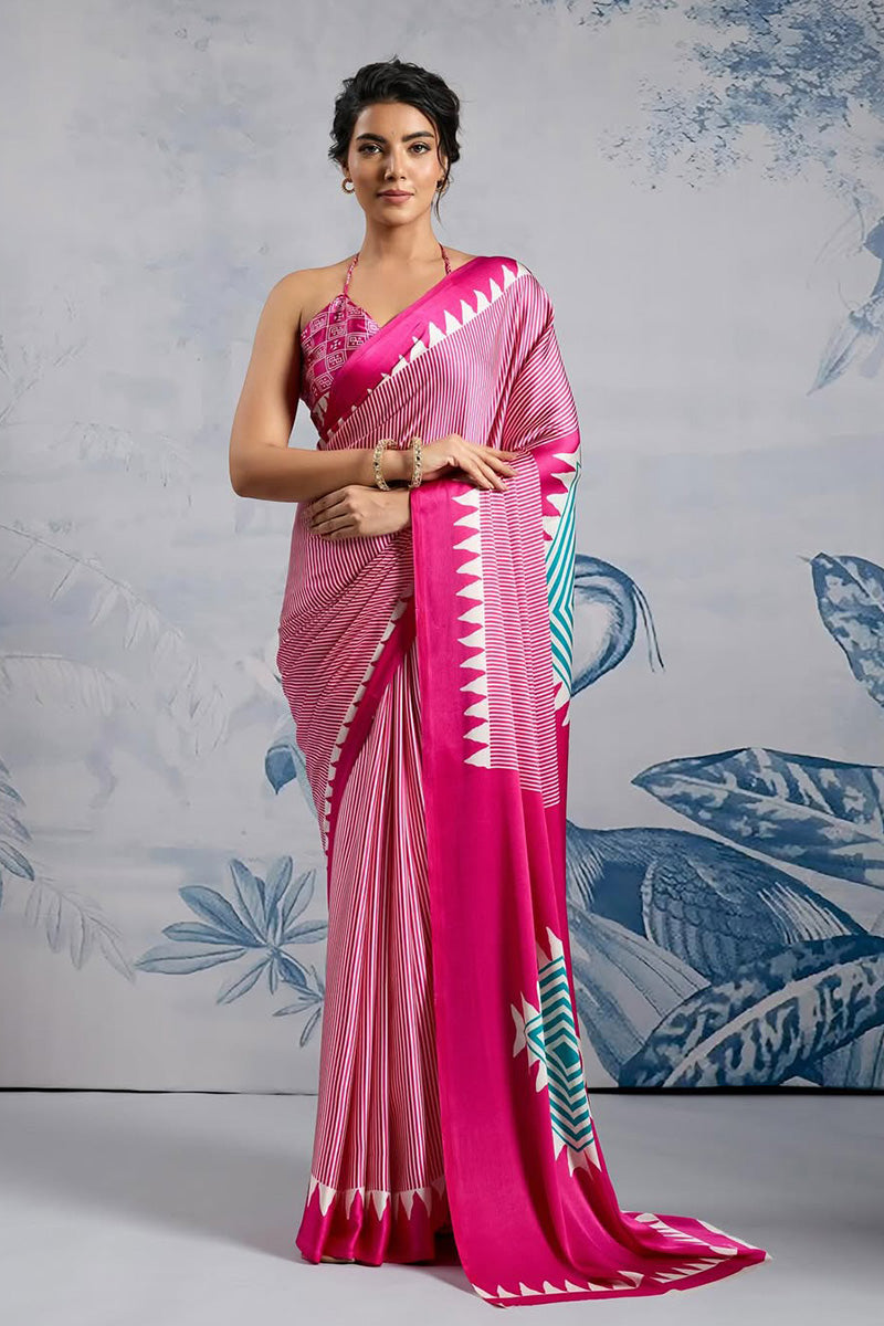 Skinny Pink 1 Minute Ready To Wear Digital Printed Crape Silk Saree