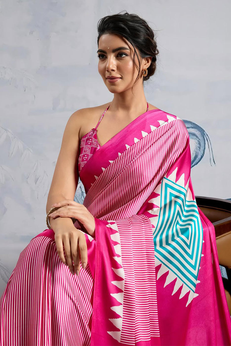 Skinny Pink 1 Minute Ready To Wear Digital Printed Crape Silk Saree