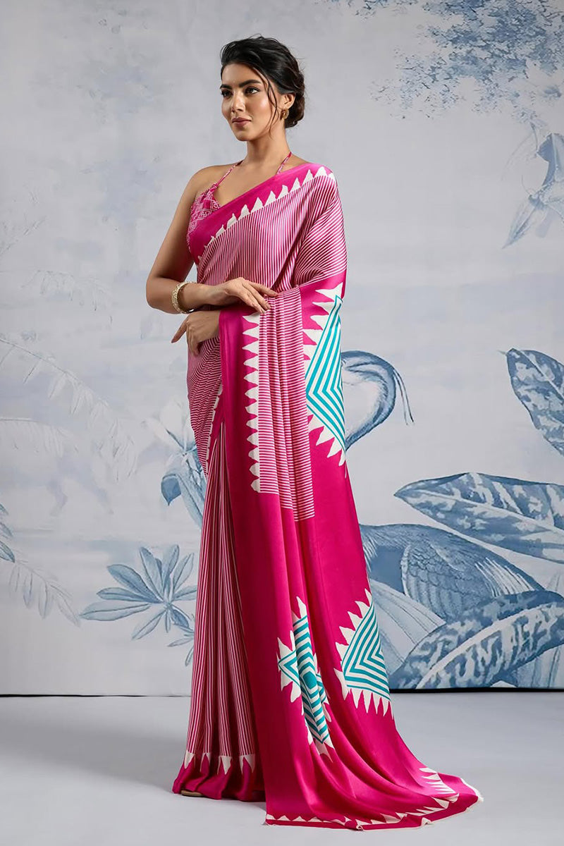 Skinny Pink 1 Minute Ready To Wear Digital Printed Crape Silk Saree