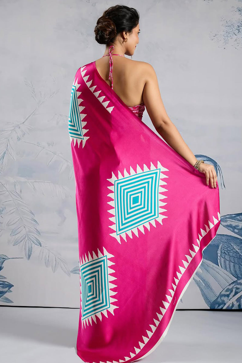 Skinny Pink 1 Minute Ready To Wear Digital Printed Crape Silk Saree