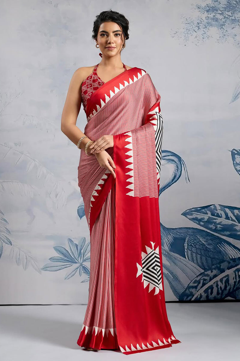 Unique Red 1 Minute Ready To Wear Digital Printed Crape Silk Saree