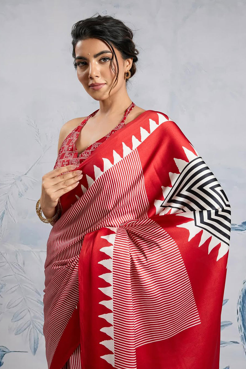 Unique Red 1 Minute Ready To Wear Digital Printed Crape Silk Saree