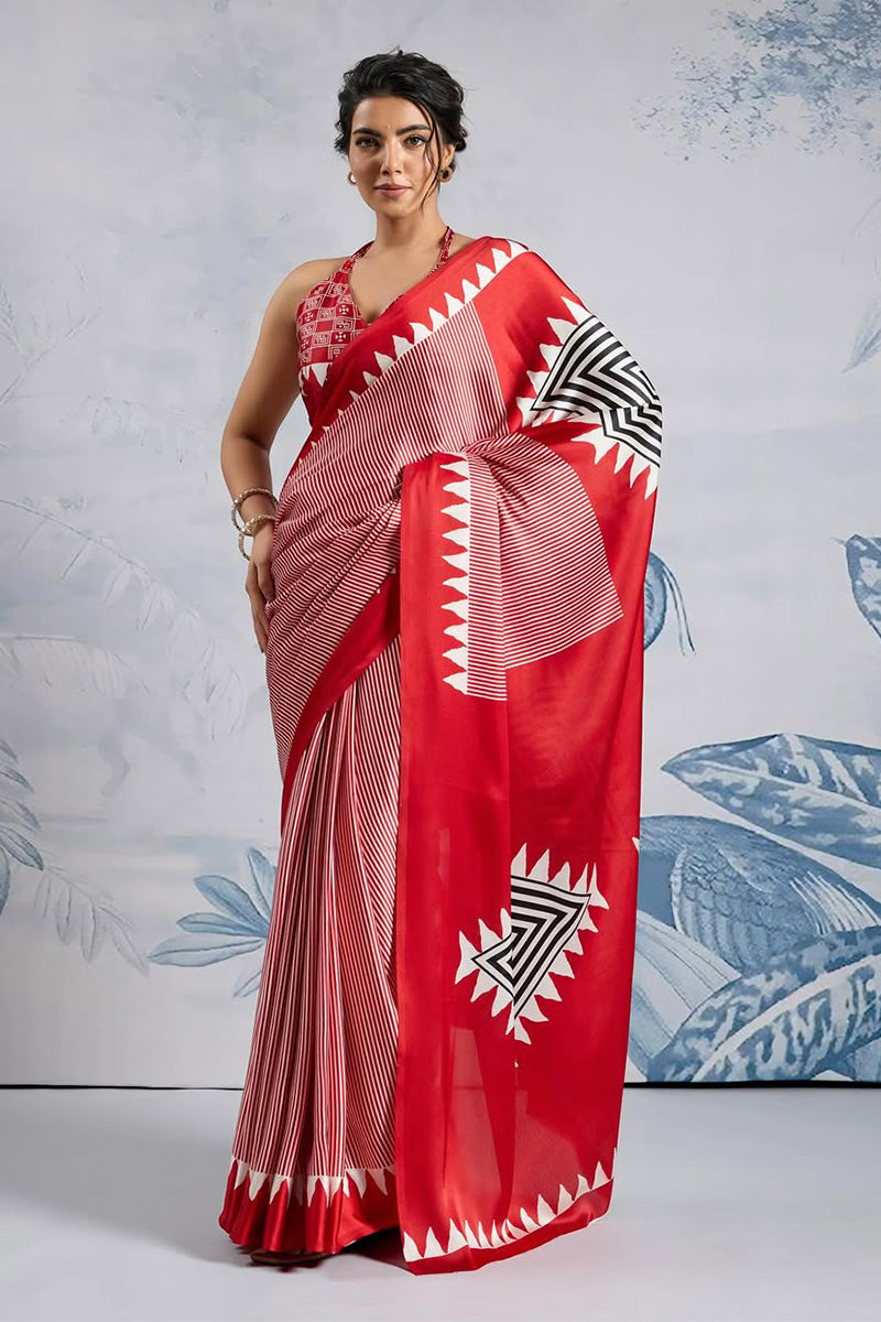 Unique Red 1 Minute Ready To Wear Digital Printed Crape Silk Saree