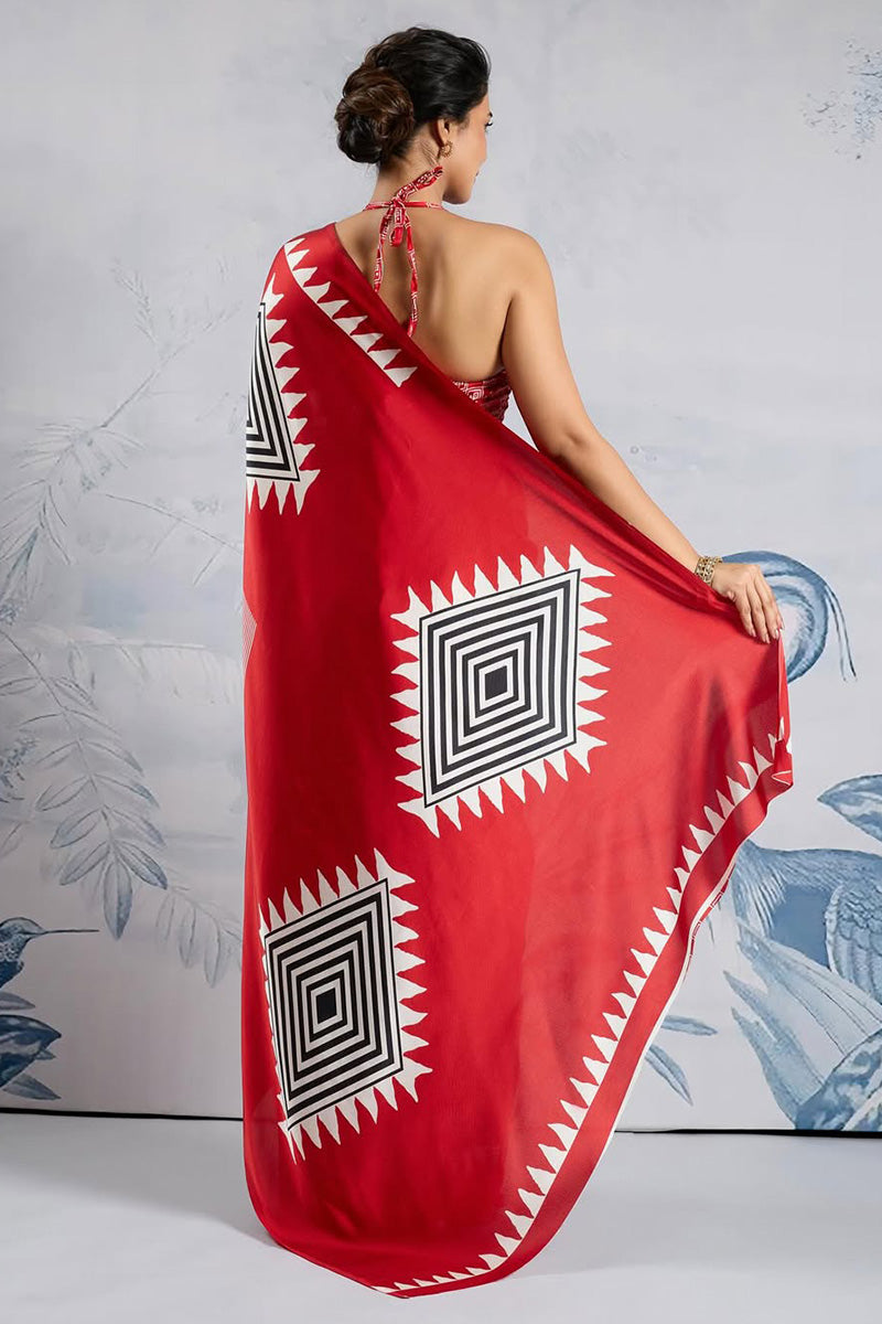 Unique Red 1 Minute Ready To Wear Digital Printed Crape Silk Saree