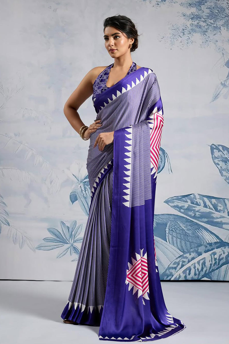 Amazing Royal Blue 1 Minute Ready To Wear Digital Printed Crape Silk Saree