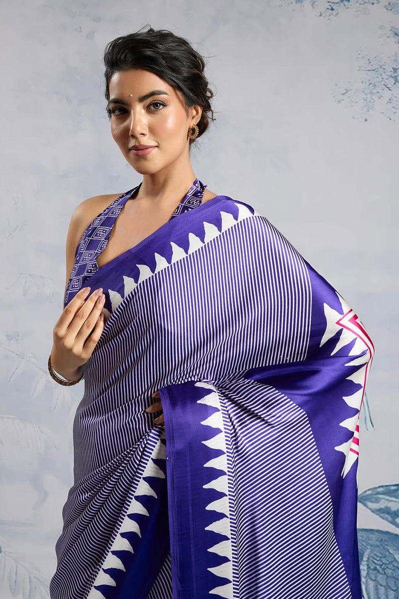 Amazing Royal Blue 1 Minute Ready To Wear Digital Printed Crape Silk Saree