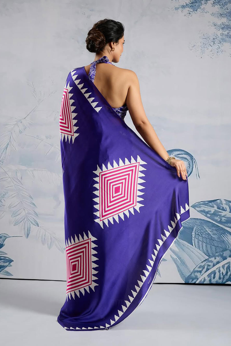 Amazing Royal Blue 1 Minute Ready To Wear Digital Printed Crape Silk Saree