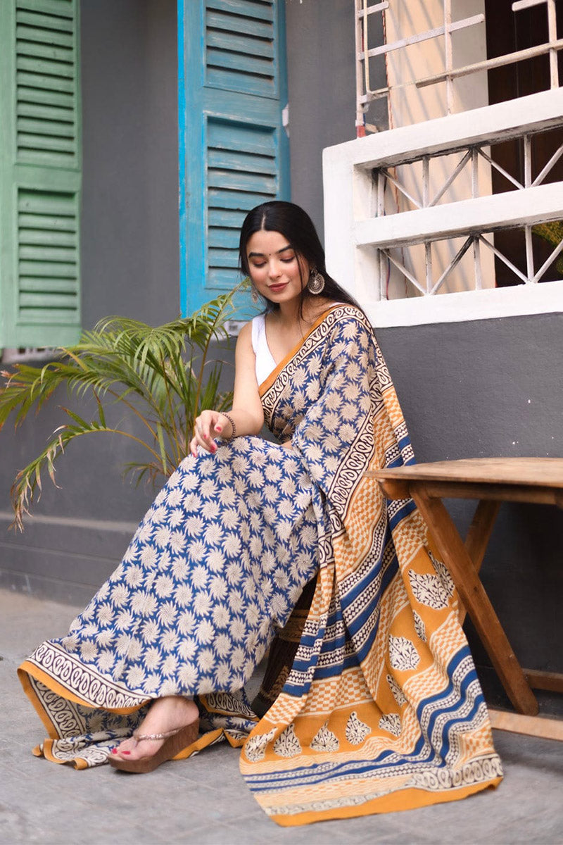 Confounding 1 Minute Ready To Wear Blue Mul Cotton Digital Printed Saree With Pocket