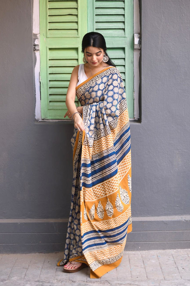 Confounding 1 Minute Ready To Wear Blue Mul Cotton Digital Printed Saree With Pocket