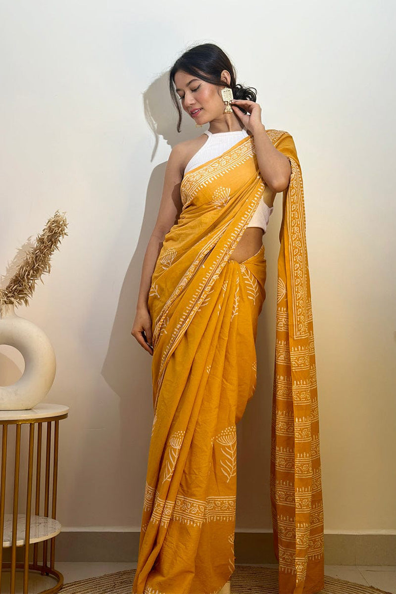 Deserving 1 Minute Ready To Wear Yellow Mul Cotton Digital Printed Saree With Pocket