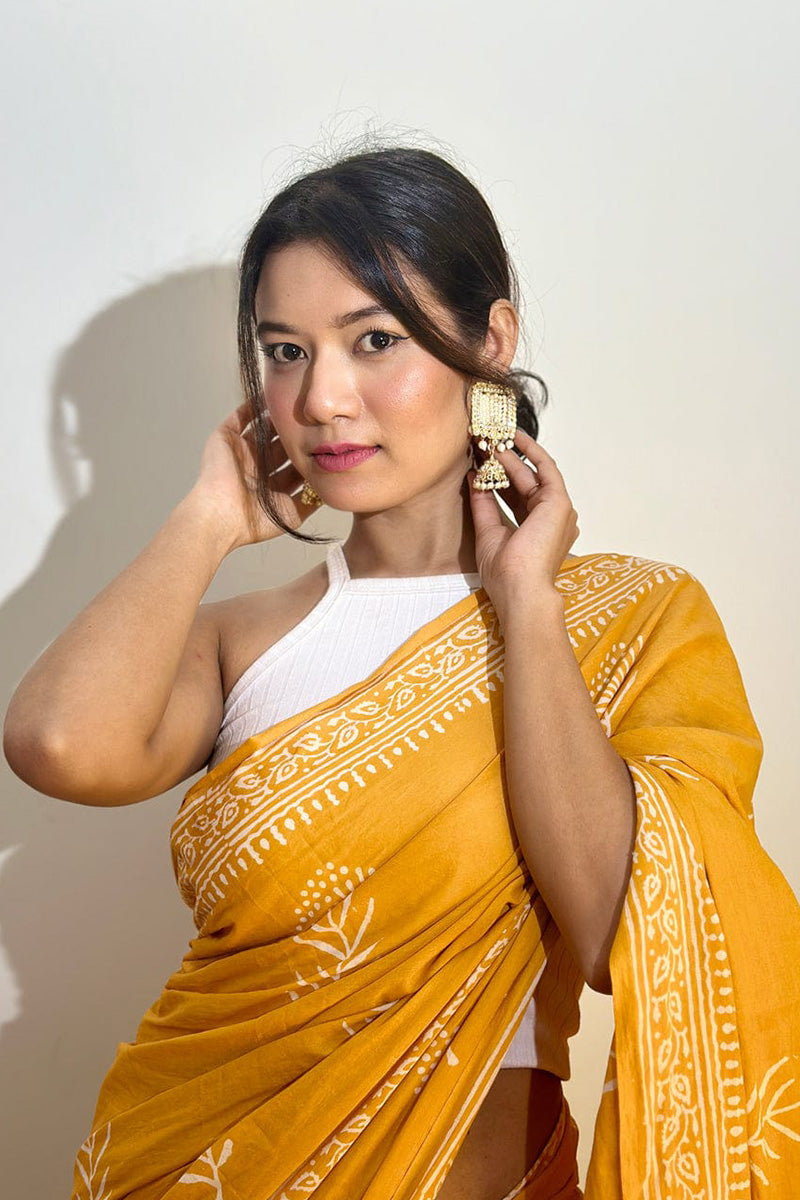 Deserving 1 Minute Ready To Wear Yellow Mul Cotton Digital Printed Saree With Pocket