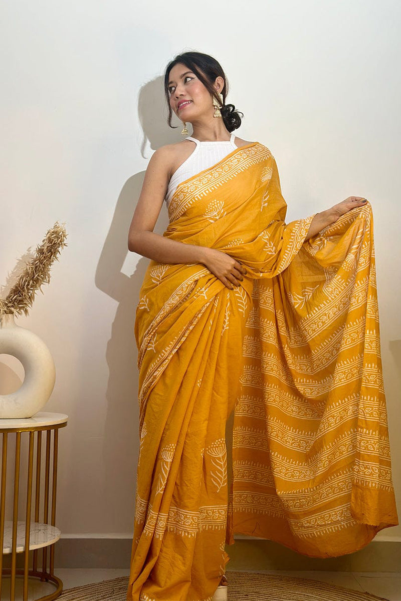 Deserving 1 Minute Ready To Wear Yellow Mul Cotton Digital Printed Saree With Pocket