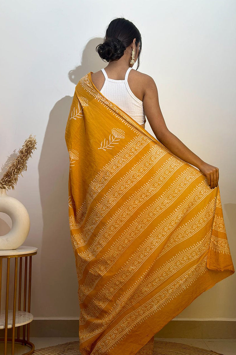 Deserving 1 Minute Ready To Wear Yellow Mul Cotton Digital Printed Saree With Pocket