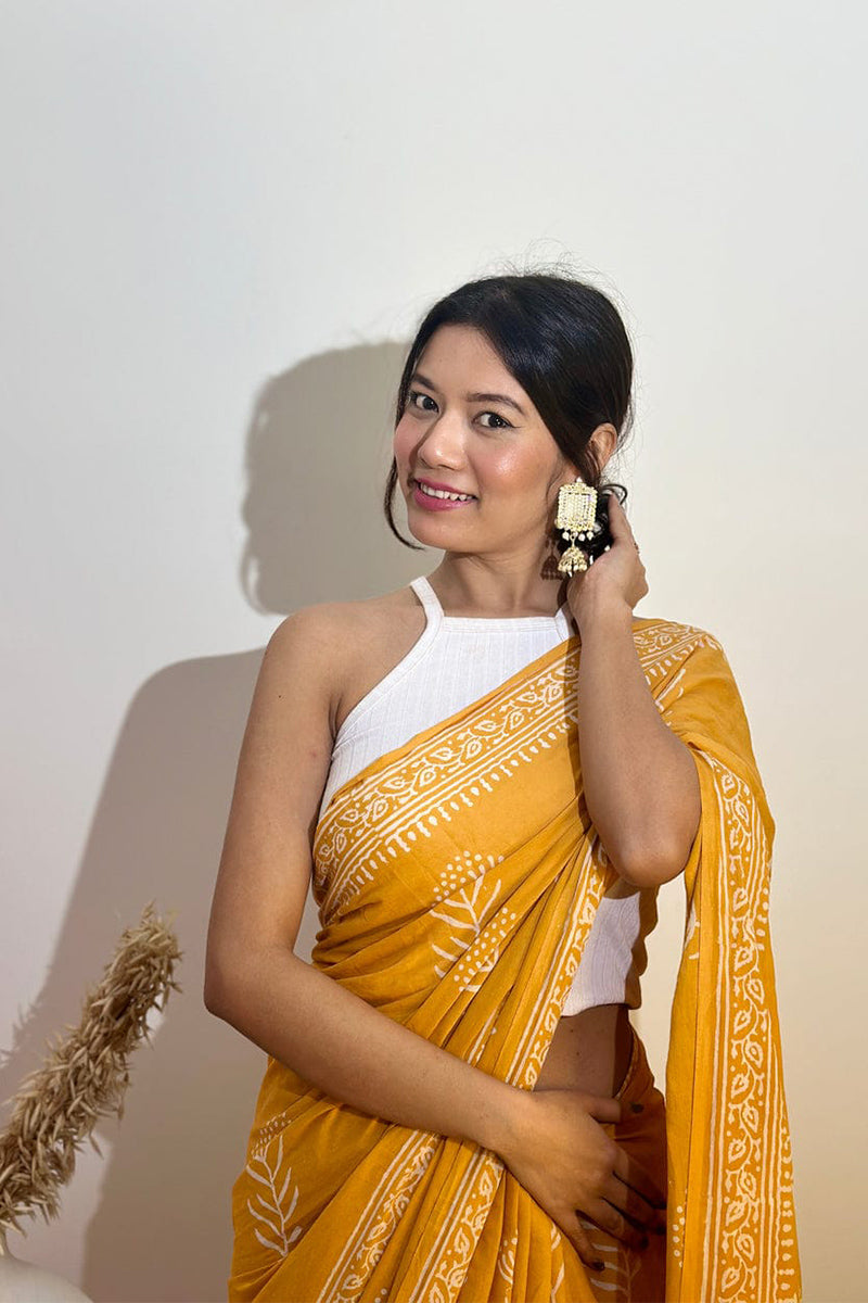 Deserving 1 Minute Ready To Wear Yellow Mul Cotton Digital Printed Saree With Pocket