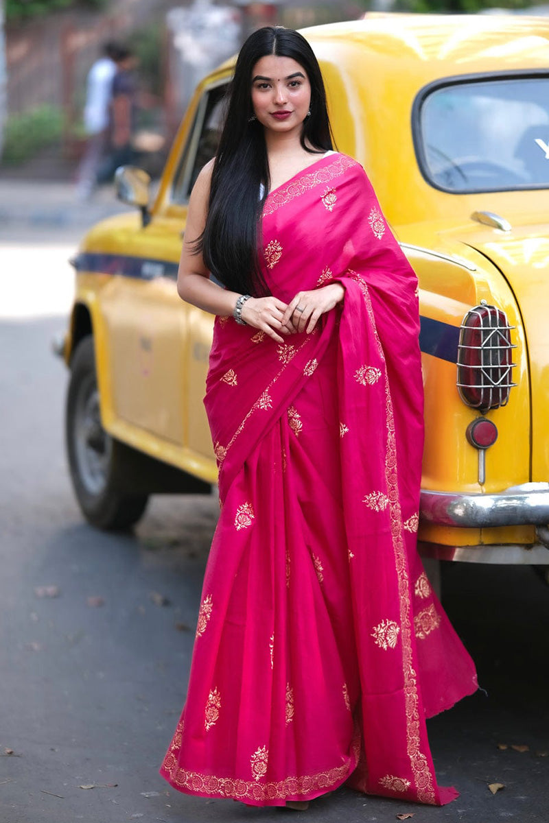 Embrocation 1 Minute Ready To Wear Dark Pink Mul Cotton Digital Printed Saree With Pocket
