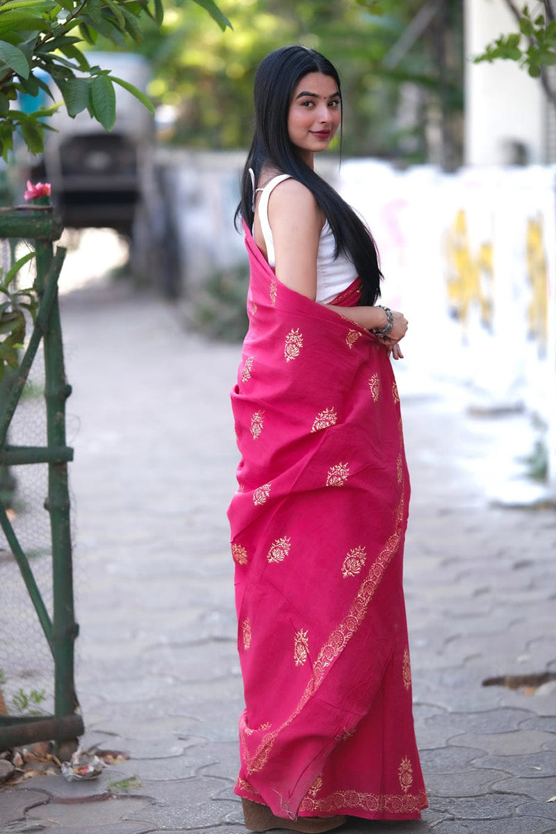 Embrocation 1 Minute Ready To Wear Dark Pink Mul Cotton Digital Printed Saree With Pocket