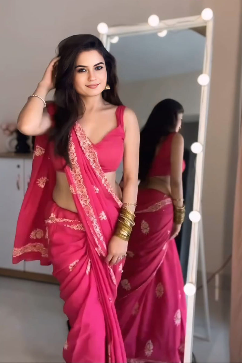 Embrocation 1 Minute Ready To Wear Dark Pink Mul Cotton Digital Printed Saree With Pocket