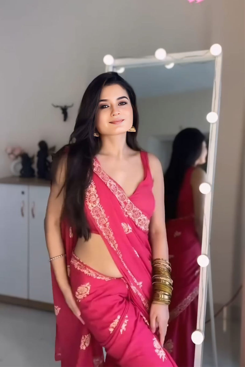 Embrocation 1 Minute Ready To Wear Dark Pink Mul Cotton Digital Printed Saree With Pocket