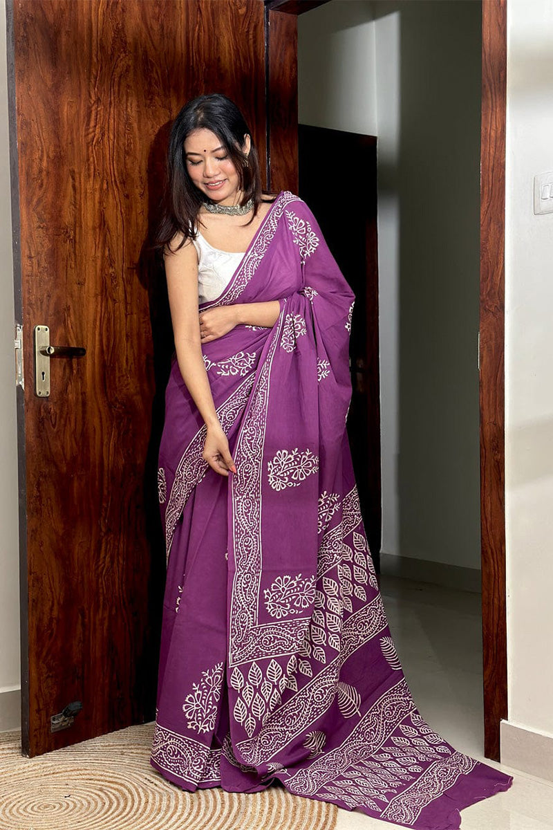 Embrocation 1 Minute Ready To Wear Purple Mul Cotton Digital Printed Saree With Pocket