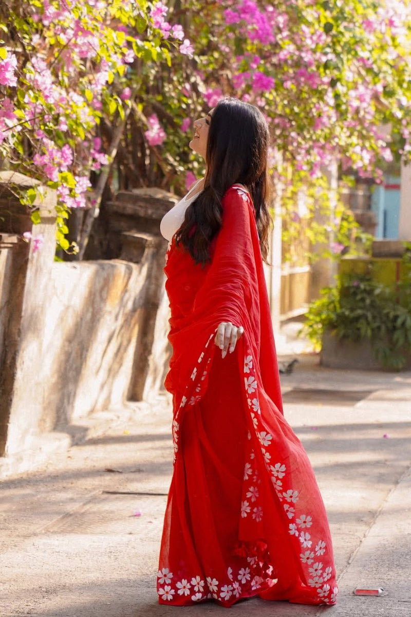 Forbearance 1 Minute Ready To Wear Red Mul Cotton Digital Printed Saree With Pocket