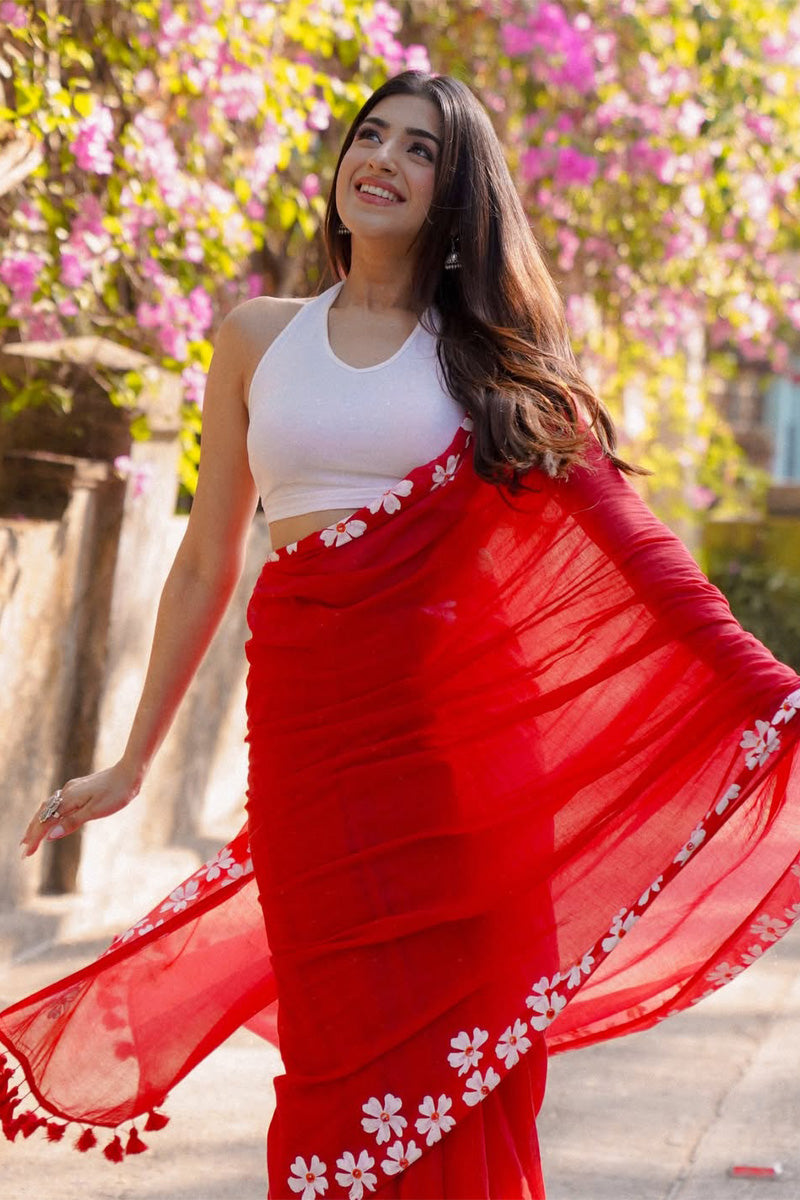 Forbearance 1 Minute Ready To Wear Red Mul Cotton Digital Printed Saree With Pocket