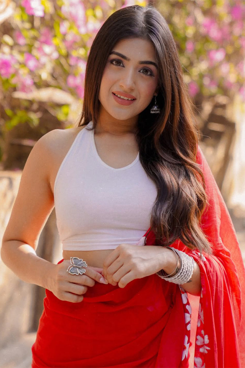 Forbearance 1 Minute Ready To Wear Red Mul Cotton Digital Printed Saree With Pocket