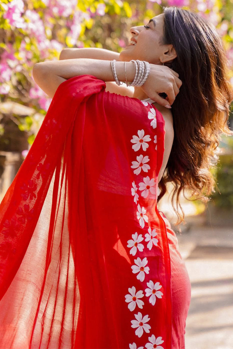 Forbearance 1 Minute Ready To Wear Red Mul Cotton Digital Printed Saree With Pocket