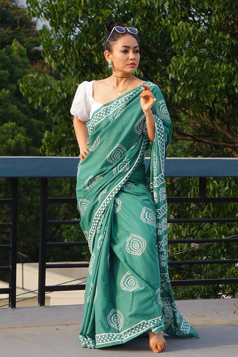 Exuberant 1 Minute Ready To Wear Sea Green Mul Cotton Digital Printed Saree With Pocket