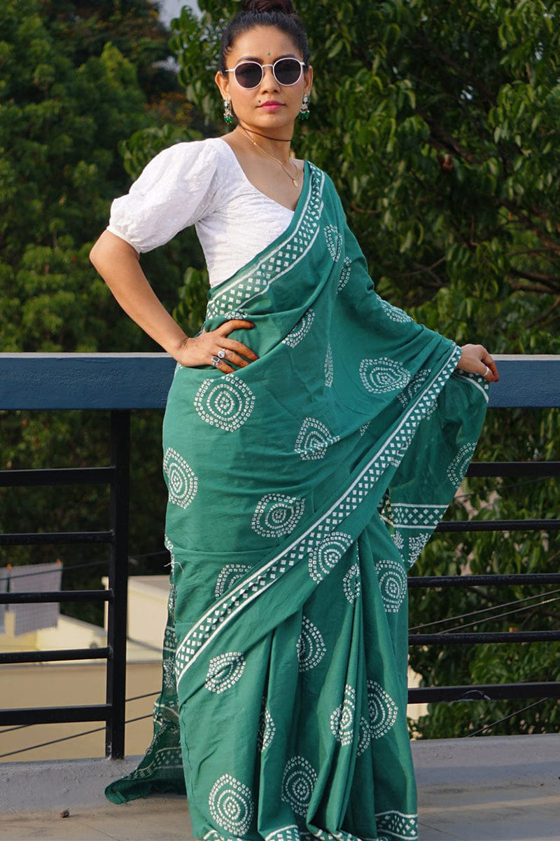 Exuberant 1 Minute Ready To Wear Sea Green Mul Cotton Digital Printed Saree With Pocket