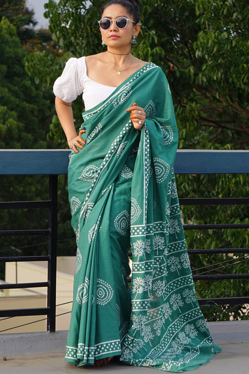 Exuberant 1 Minute Ready To Wear Sea Green Mul Cotton Digital Printed Saree With Pocket
