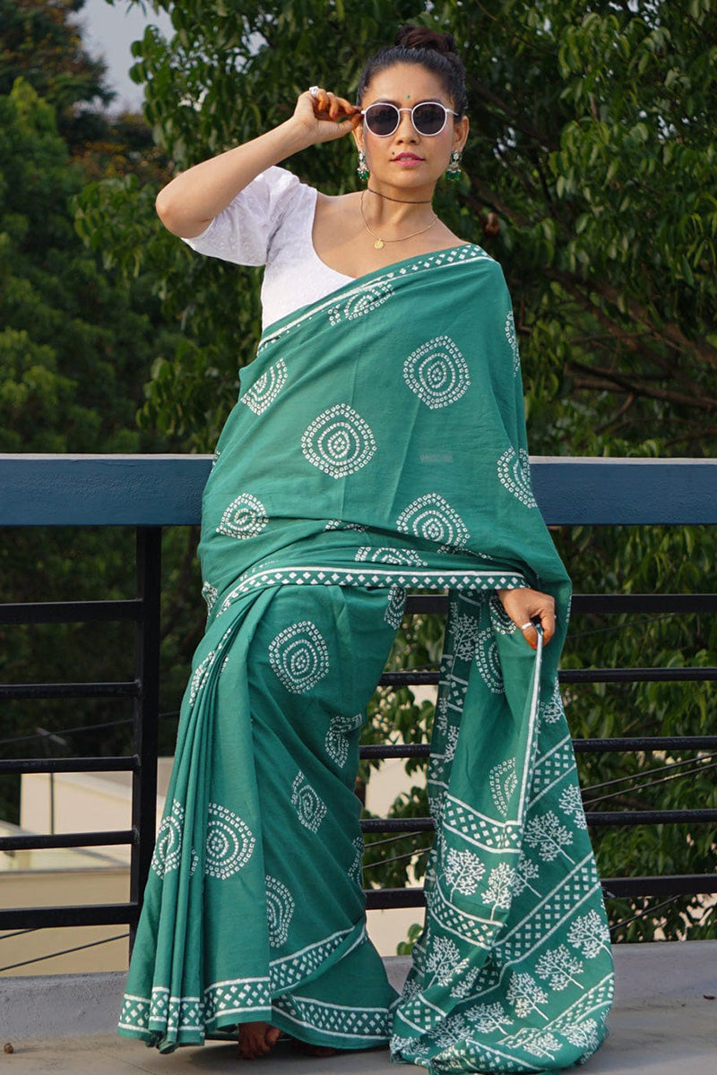 Exuberant 1 Minute Ready To Wear Sea Green Mul Cotton Digital Printed Saree With Pocket