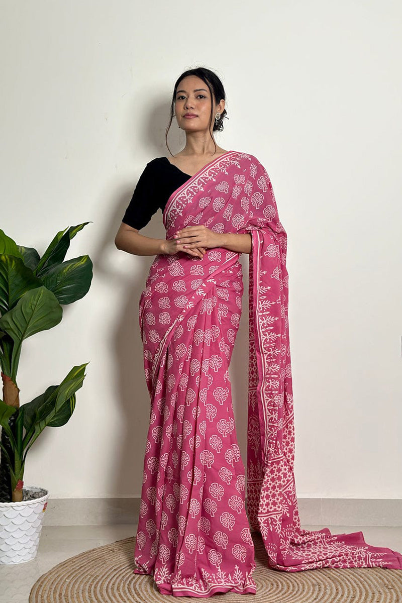 Inspiring 1 Minute Ready To Wear Pink Mul Cotton Digital Printed Saree With Pocket