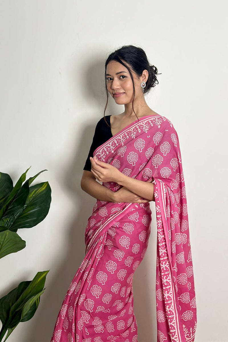 Inspiring 1 Minute Ready To Wear Pink Mul Cotton Digital Printed Saree With Pocket
