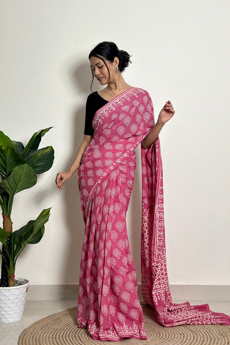 Inspiring 1 Minute Ready To Wear Pink Mul Cotton Digital Printed Saree With Pocket