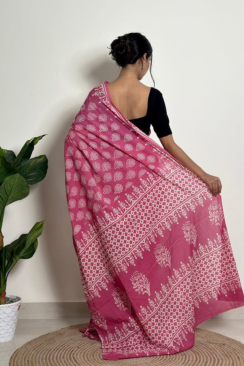 Inspiring 1 Minute Ready To Wear Pink Mul Cotton Digital Printed Saree With Pocket