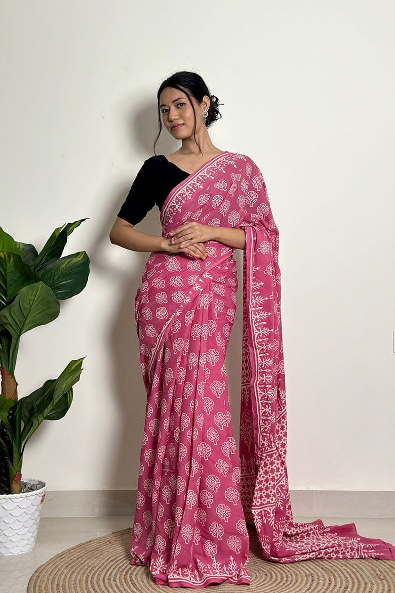Inspiring 1 Minute Ready To Wear Pink Mul Cotton Digital Printed Saree With Pocket