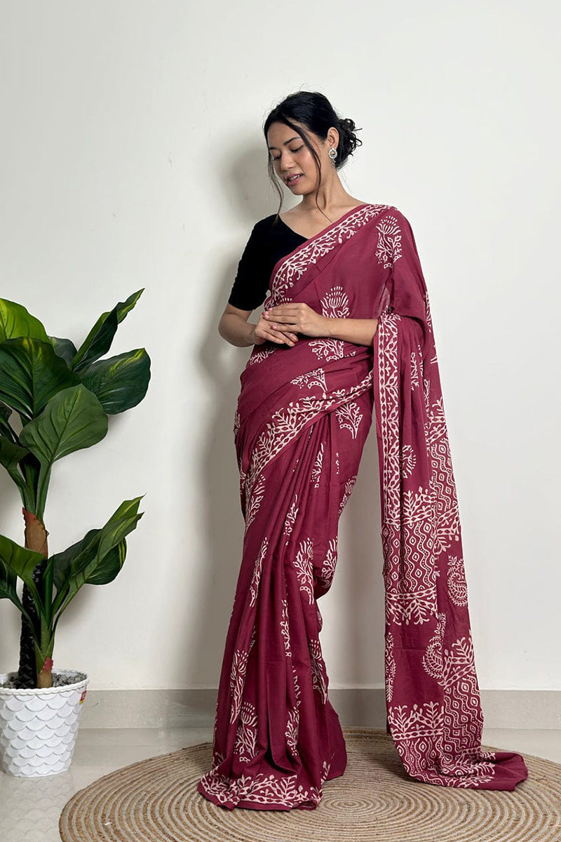 Most Flattering 1 Minute Ready To Wear Wine Mul Cotton Digital Printed Saree With Pocket