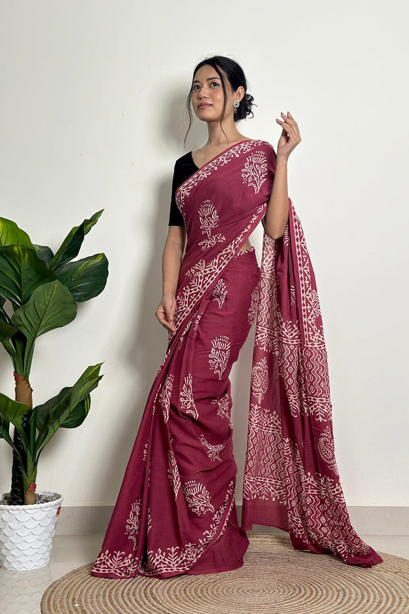 Most Flattering 1 Minute Ready To Wear Wine Mul Cotton Digital Printed Saree With Pocket