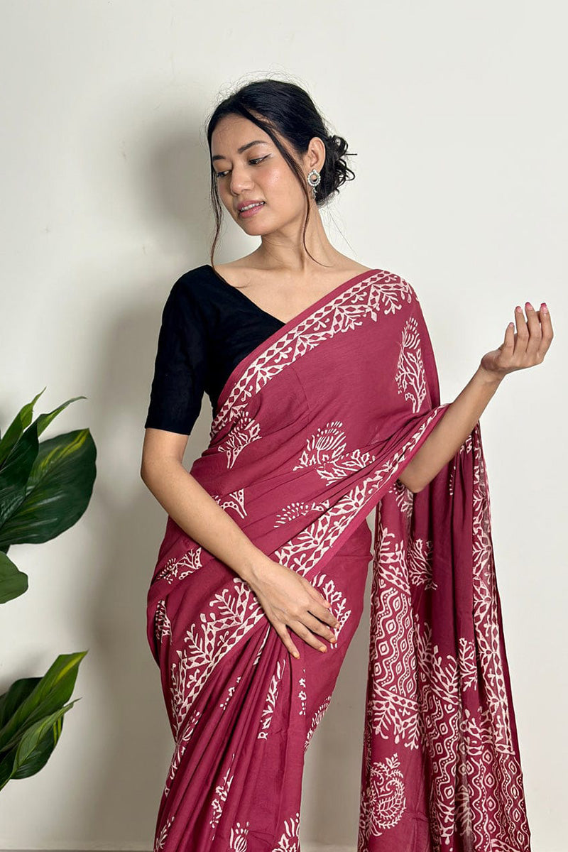 Most Flattering 1 Minute Ready To Wear Wine Mul Cotton Digital Printed Saree With Pocket