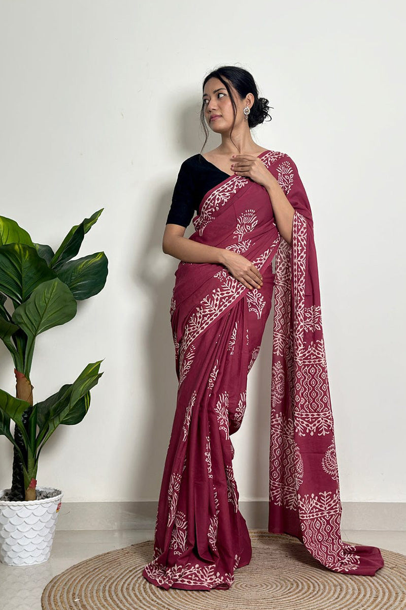 Most Flattering 1 Minute Ready To Wear Wine Mul Cotton Digital Printed Saree With Pocket