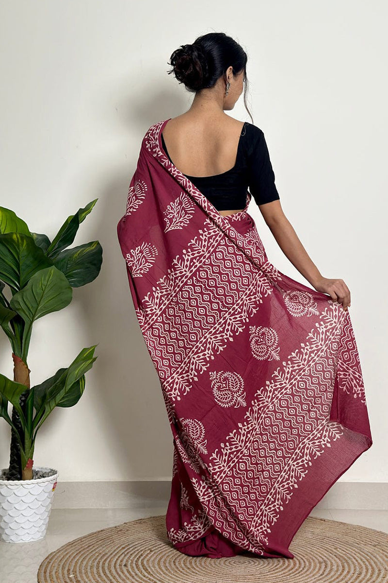Most Flattering 1 Minute Ready To Wear Wine Mul Cotton Digital Printed Saree With Pocket