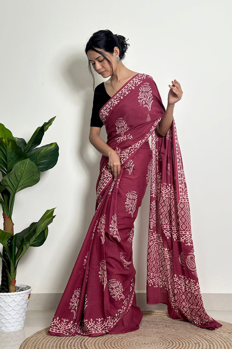 Most Flattering 1 Minute Ready To Wear Wine Mul Cotton Digital Printed Saree With Pocket
