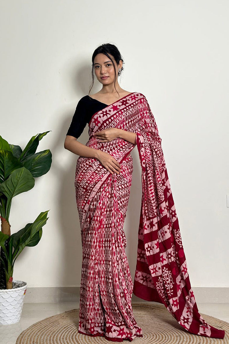 Prettiest 1 Minute Ready To Wear Maroon Mul Cotton Digital Printed Saree With Pocket