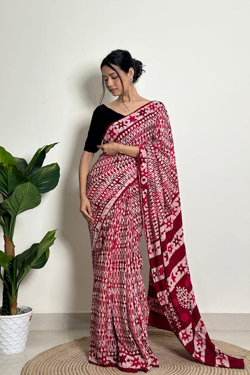 Prettiest 1 Minute Ready To Wear Maroon Mul Cotton Digital Printed Saree With Pocket