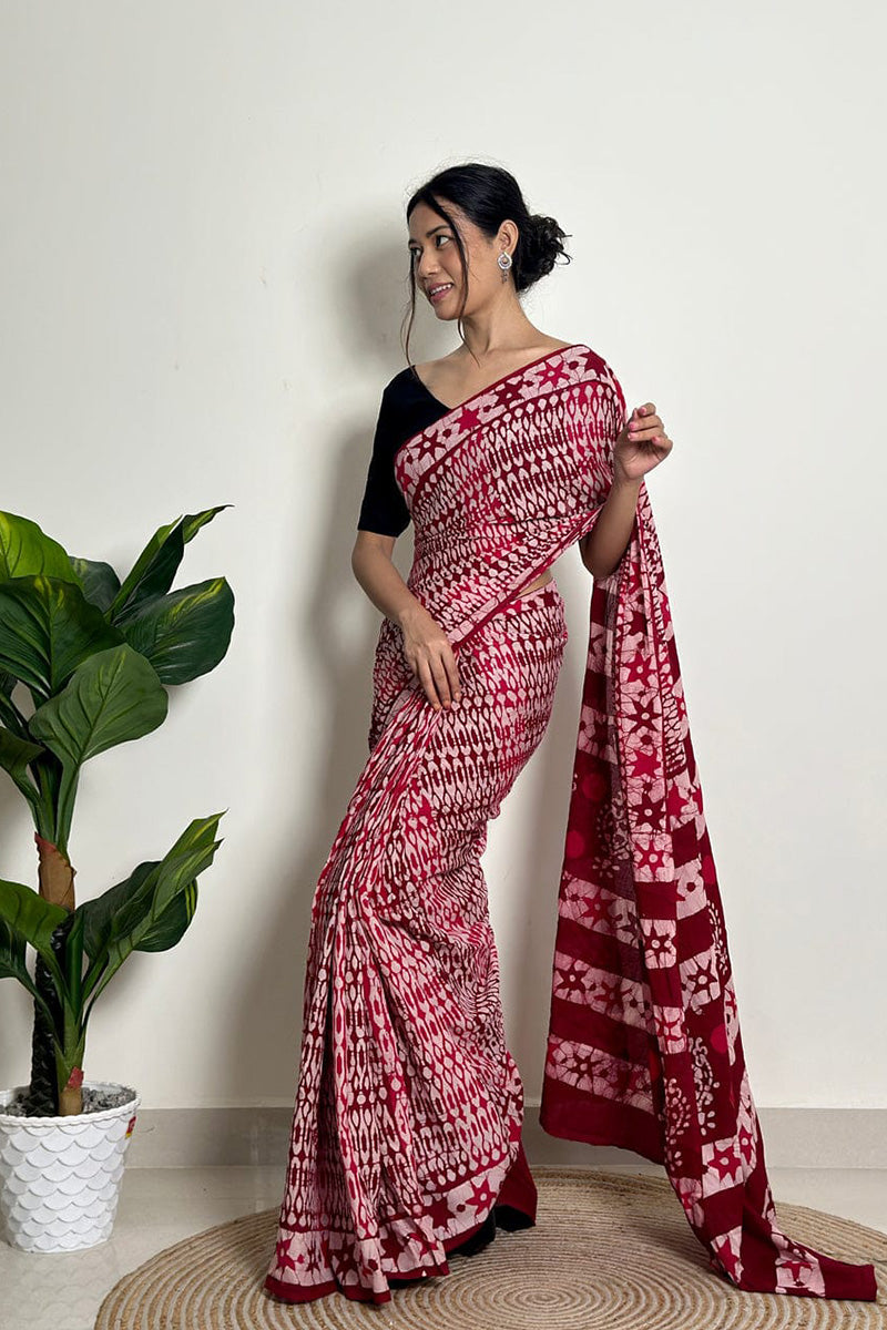 Prettiest 1 Minute Ready To Wear Maroon Mul Cotton Digital Printed Saree With Pocket