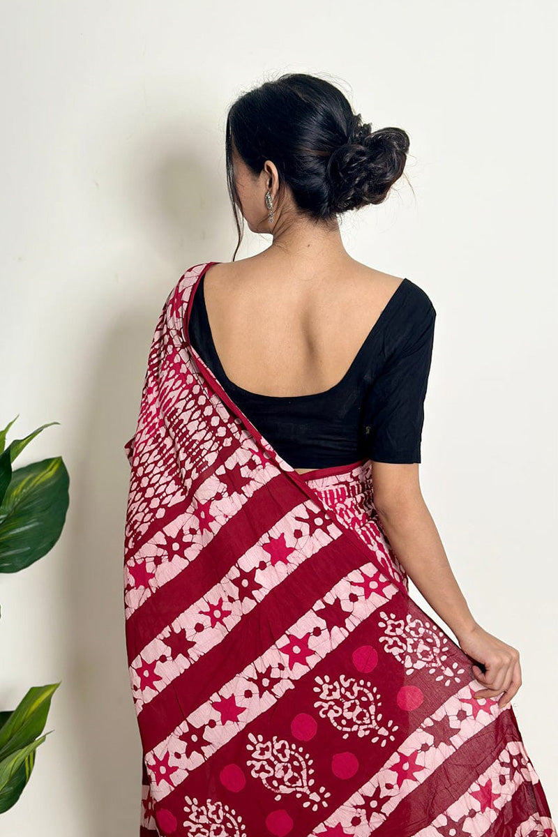 Prettiest 1 Minute Ready To Wear Maroon Mul Cotton Digital Printed Saree With Pocket