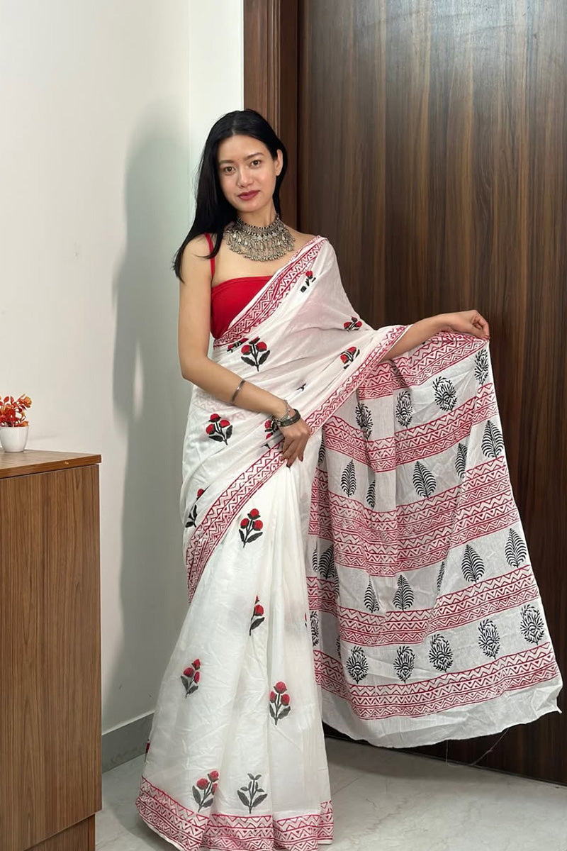 Surreptitious 1 Minute Ready To Wear White Mul Cotton Digital Printed Saree With Pocket
